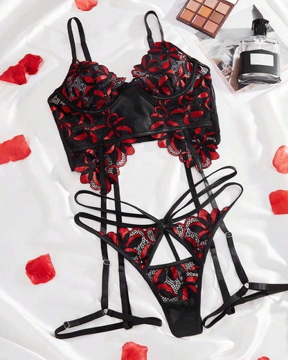 Sexy Floral Embroidered Colorblock Lingerie Set