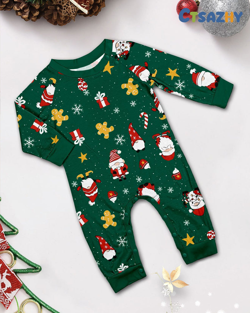 Green Santa Claus Print Crew Neck Home Wear Pajamas Family Set