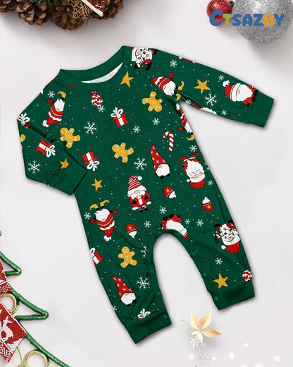 Green Santa Claus Print Crew Neck Home Wear Pajamas Family Set