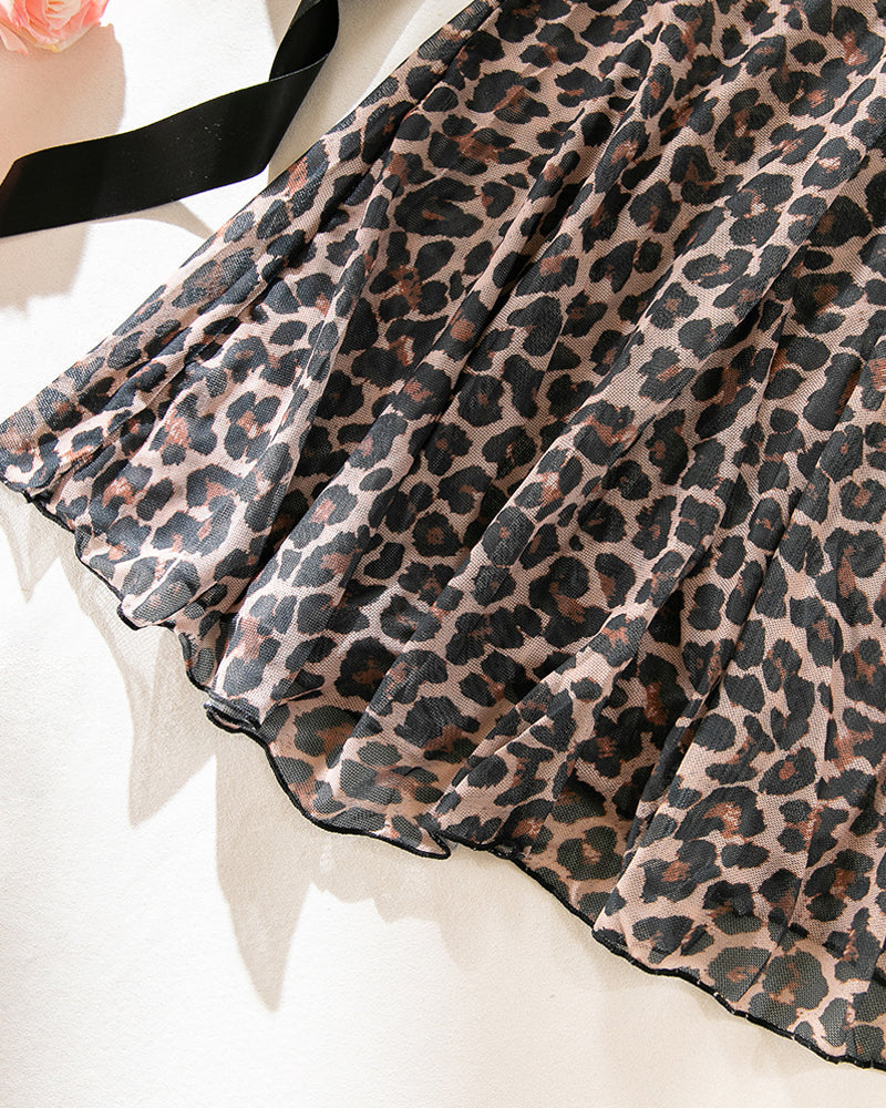 Deep V-neck Sexy Lace Trim Leopard Print Mesh Nightgown and Thong Set