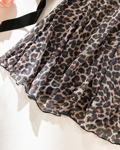 Deep V-neck Sexy Lace Trim Leopard Print Mesh Nightgown and Thong Set