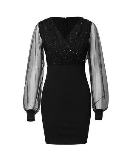 Sexy Slim Fit Mesh V-neck Sequined Dress