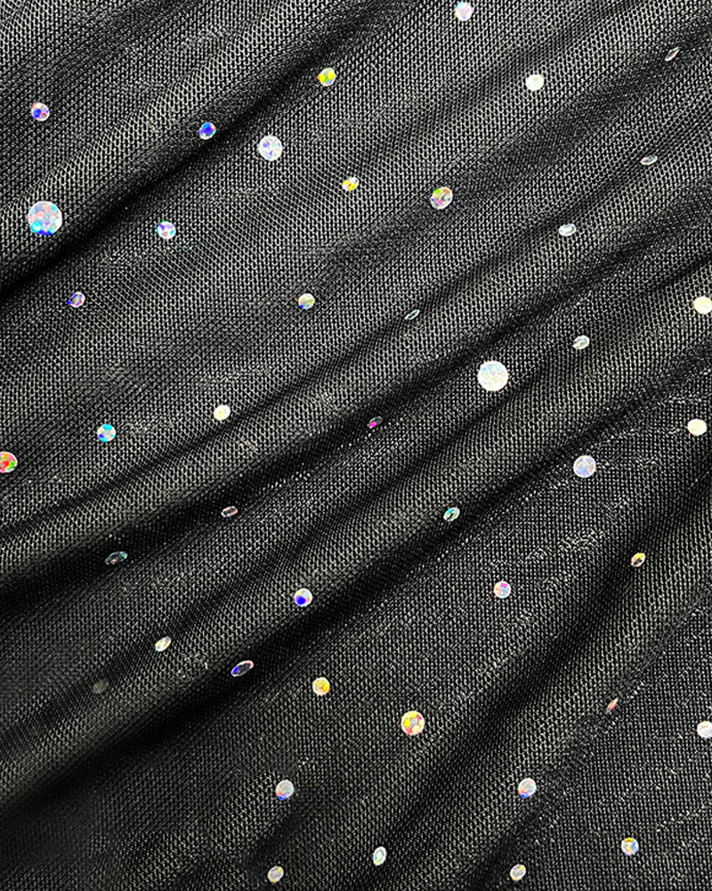 One-shoulder Rhinestone-embellished Mesh Fringed Asymmetrical Sheer Sexy Nightgow