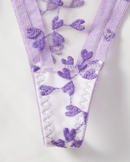 Sexy Sheer Mesh Heart-shaped Embroidery Underwire Lingerie Set