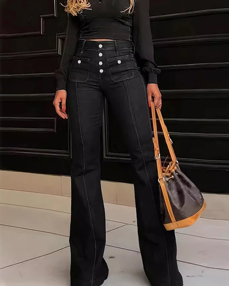 Women's High-waisted Stretchy Front-buttoned Flare Jeans