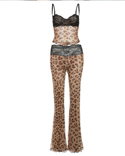 Casual Lace-paneled Sheer Mesh Colorblock Leopard Print Sleeveless Tank Top and Butt-lifting Long Pants Set