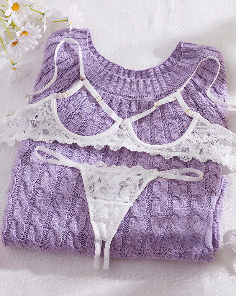 Sexy Lace Floral Openwork Bra and Thong Lingerie Set