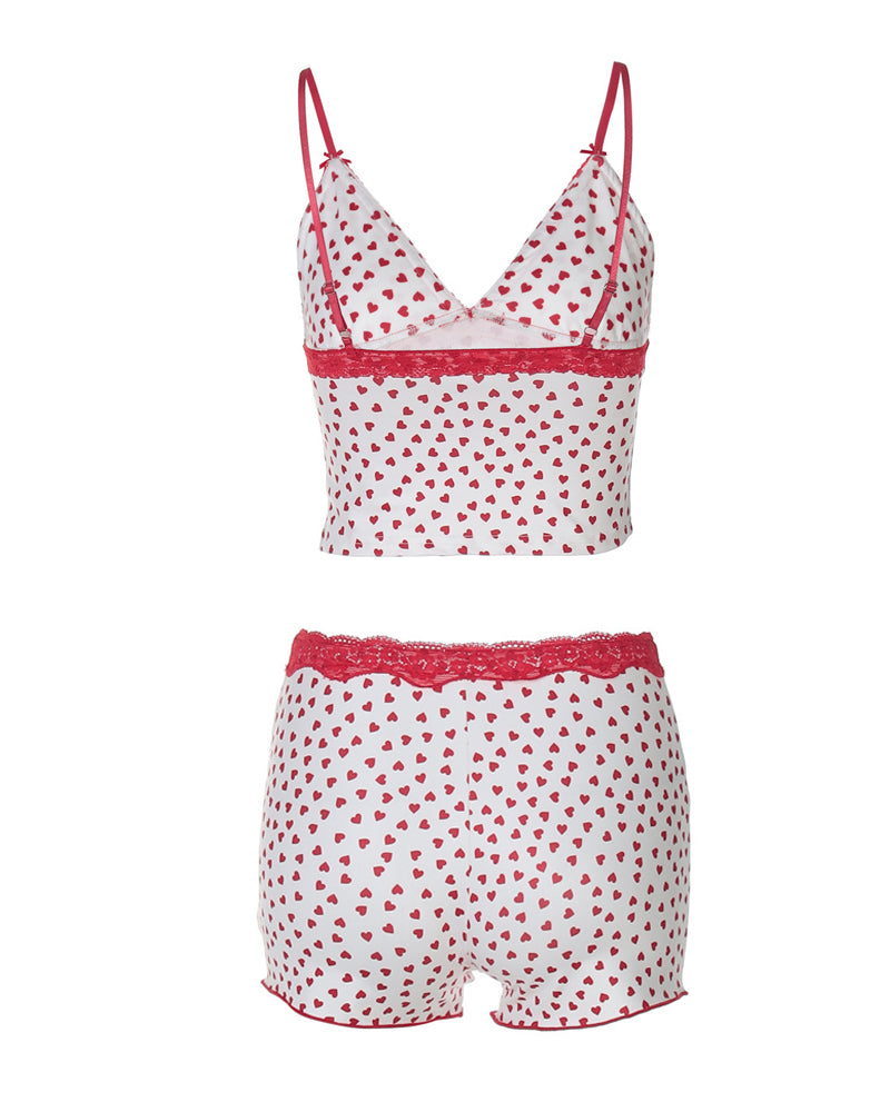 V-neck Heart-print Lace Trim Colorblock Camisole and Shorts Set