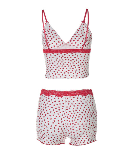 V-neck Heart-print Lace Trim Colorblock Camisole and Shorts Set