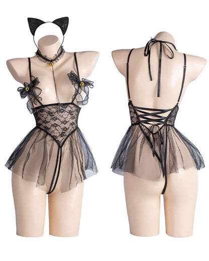 Sexy Lace-up Sheer Mesh Bell-adorned Open-crotch See-through Catgirl-style Chemise Nightgown