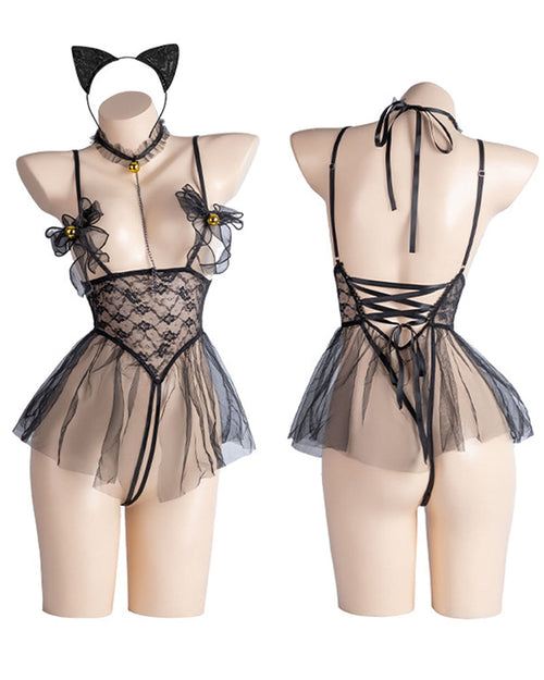 Sexy Lace-up Sheer Mesh Bell-adorned Open-crotch See-through Catgirl-style Chemise Nightgown