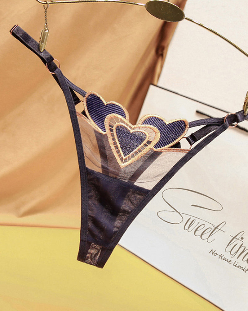 Heart Embroidered Sheer Mesh Sexy Thong