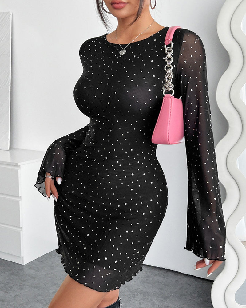 Black Mesh Sequined Backless Bodycon Long-sleeved Dress