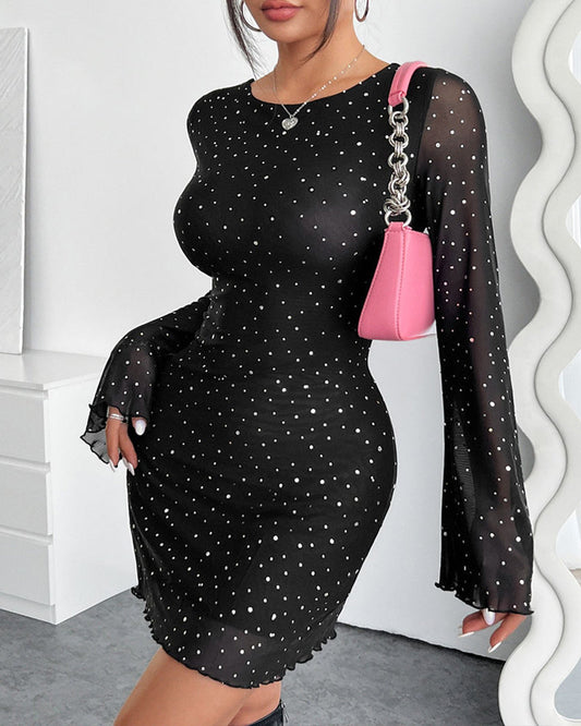 Black Mesh Sequined Backless Bodycon Long-sleeved Dress