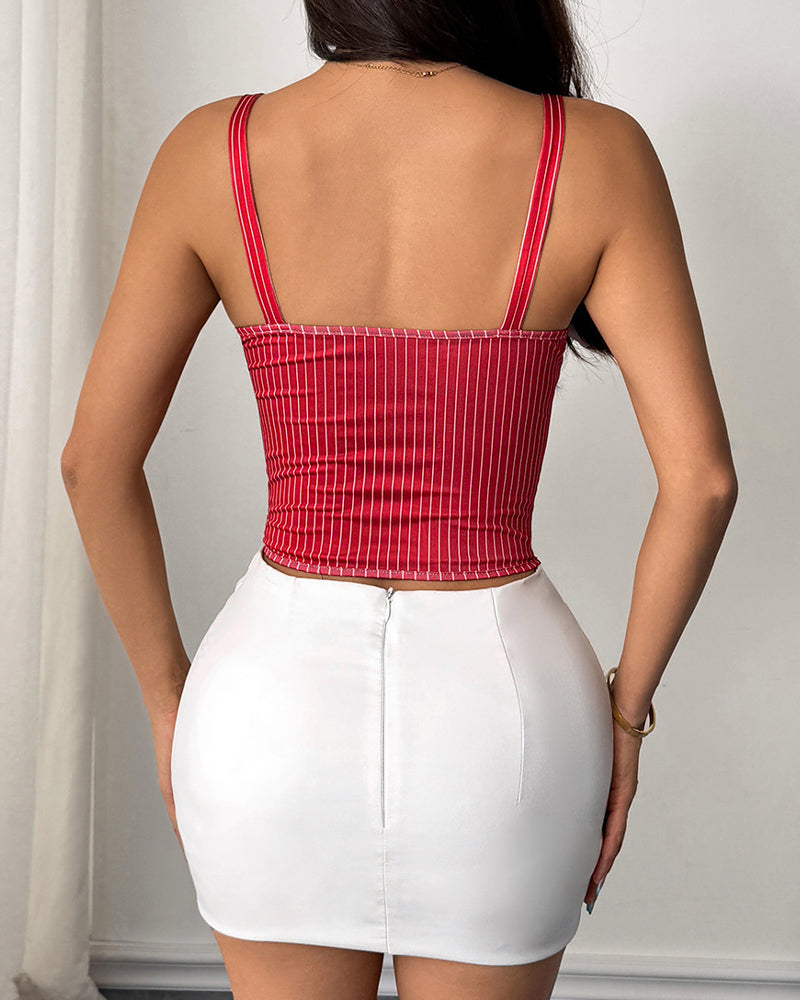 Sexy Low-cut Tie-detail Colorblock Corset Top