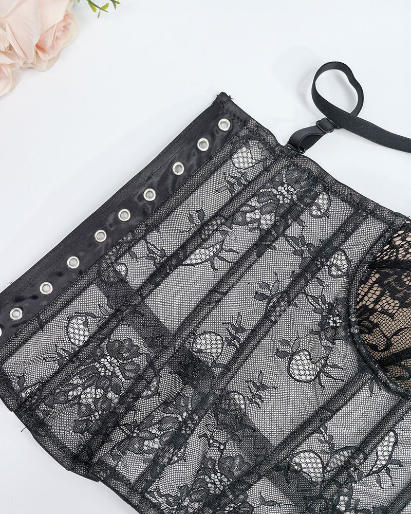 Sexy Strapless Lace Mesh See-through Underwire Bra Back Tie Fishbone Top