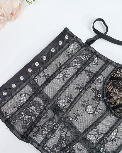 Sexy Strapless Lace Mesh See-through Underwire Bra Back Tie Fishbone Top