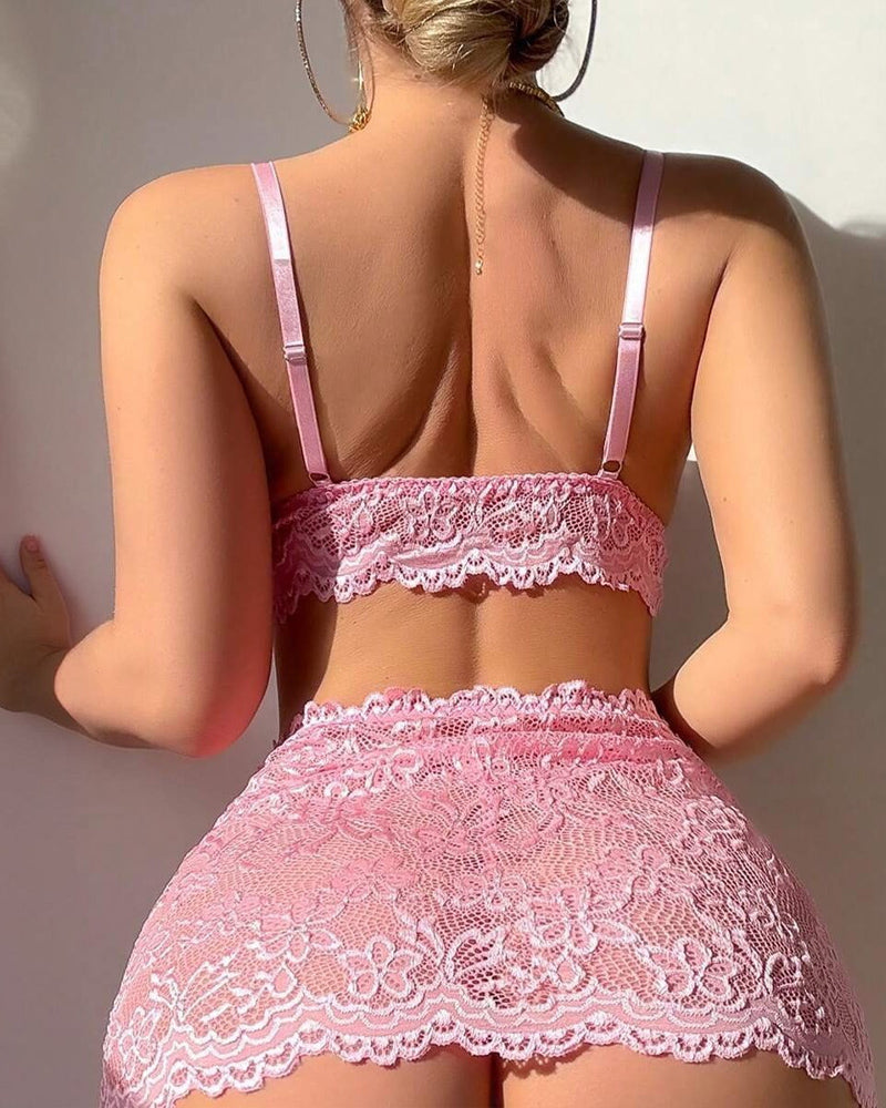 Sexy V Neck Lace Trimmed Strappy Lingerie Set
