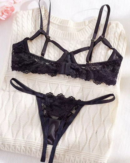 Sexy Lace Floral Openwork Bra and Thong Lingerie Set