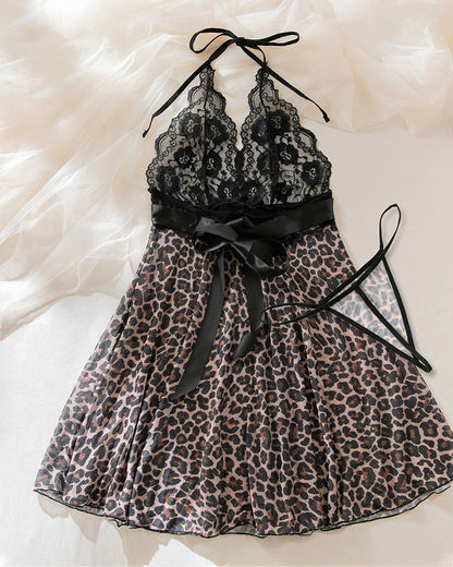Deep V-neck Sexy Lace Trim Leopard Print Mesh Nightgown and Thong Set
