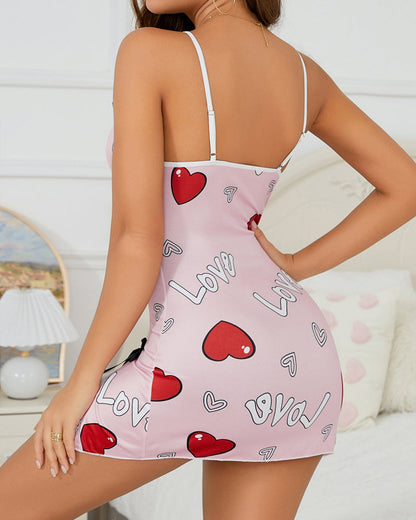 Valentine's Day Heart-themed Letter Print Lace-Trimmed Slit Short Nightgown