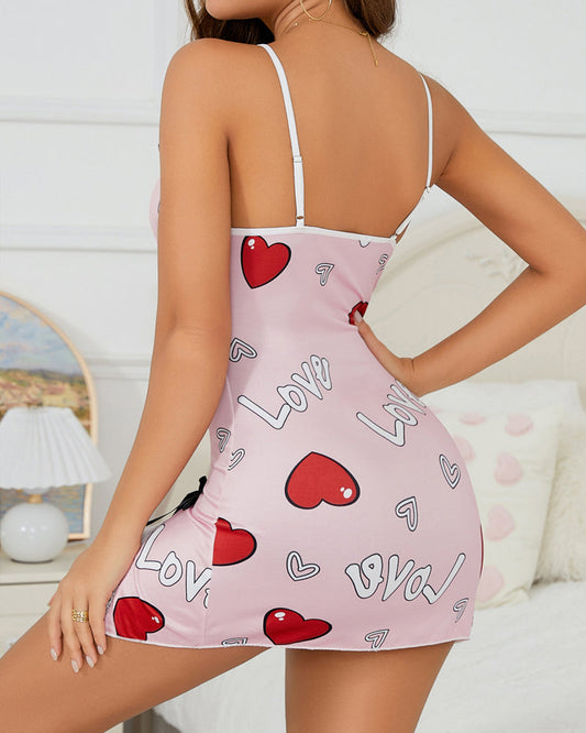 Valentine's Day Heart-themed Letter Print Lace-Trimmed Slit Short Nightgown