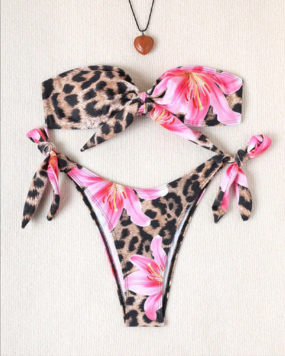 Leopard Floral Print Two-piece Bikini Swimsuit
