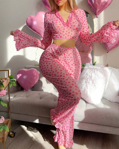 Valentine's Day Heart Print V-Neck Flared Long-Sleeved Top and Pants Pajama Set