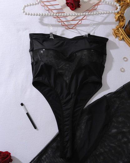 See-through Mesh Strapless Bodysuit with Fitted Skirt Sexy Lingerie Set