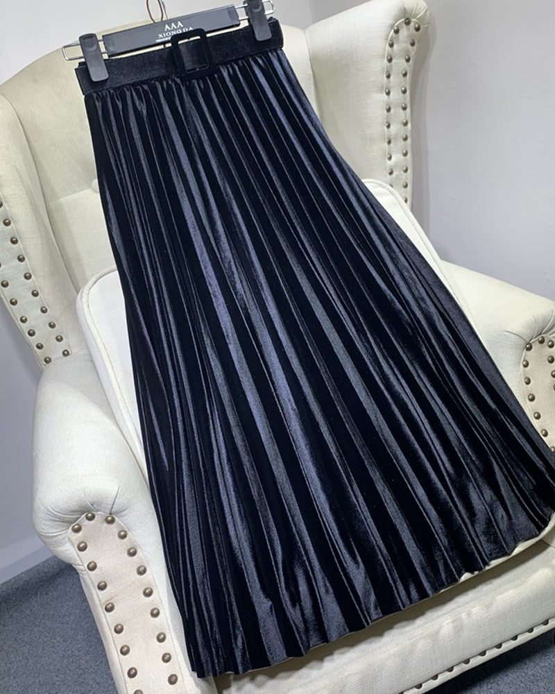 Casual Velvet Pearly Sheen High-waist A-line Pleated Skirt