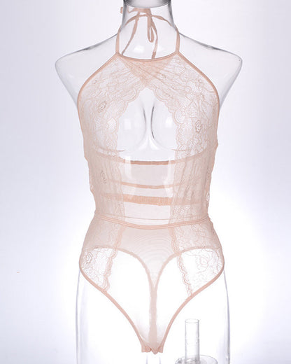 Sexy Lace Mesh Openwork Halter Bodysuit