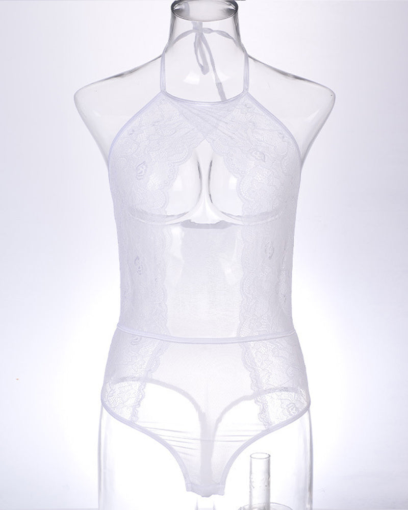 Sexy Lace Mesh Openwork Halter Bodysuit