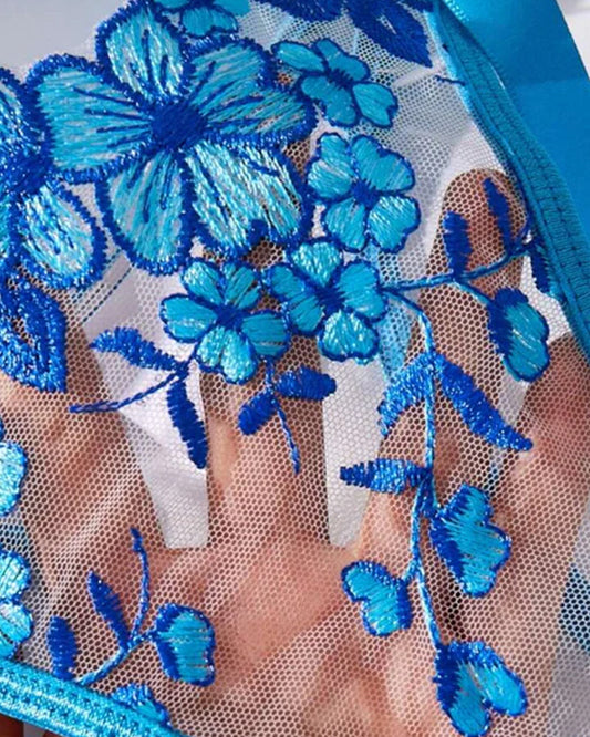 Sexy Flower Embroidered Mesh Lace Gathered Bra Set