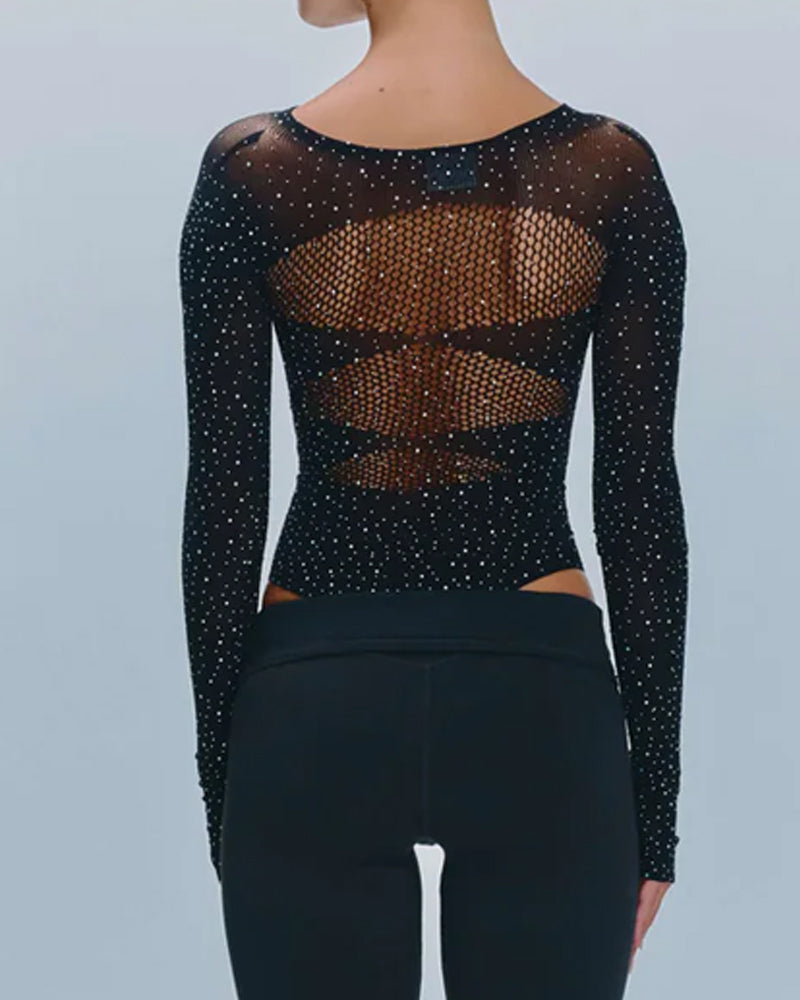 Sexy Rhinestone Stretch Fishnet Round Neck Long Sleeve Bodysuit