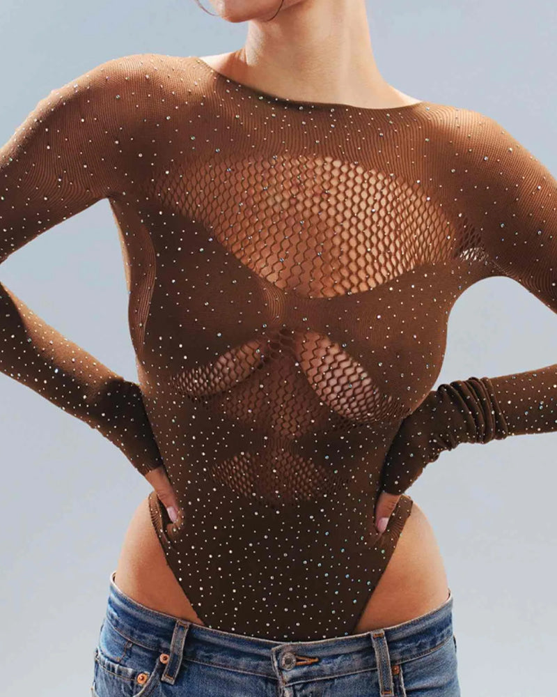 Sexy Rhinestone Stretch Fishnet Round Neck Long Sleeve Bodysuit