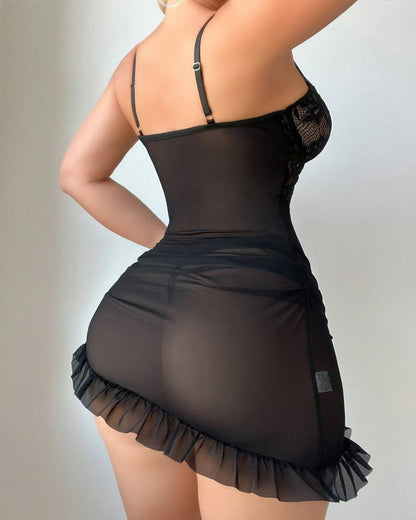 Women's Foral Lace Ruffled Hem Mesh Sheer Camisole Nightgown