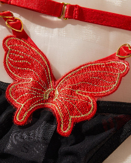 Sexy Colorblock Mesh Sheer Butterfly Embroidery Lingerie Set