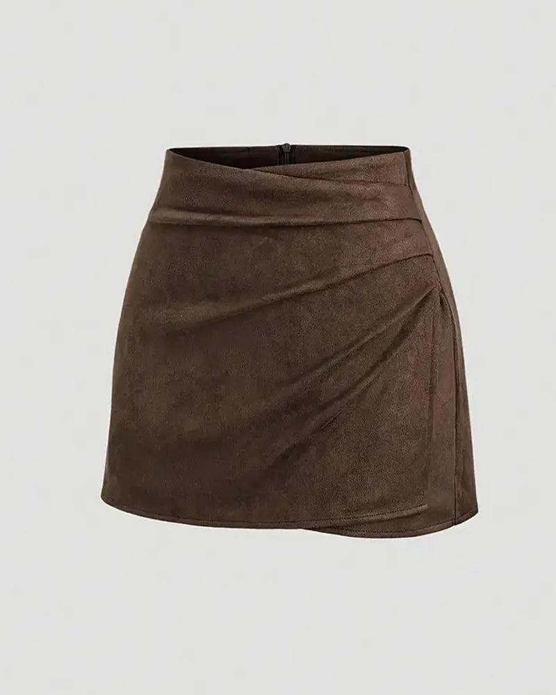 Retro Pleated Faux Suede Slim-fit Mid-waist Skirt