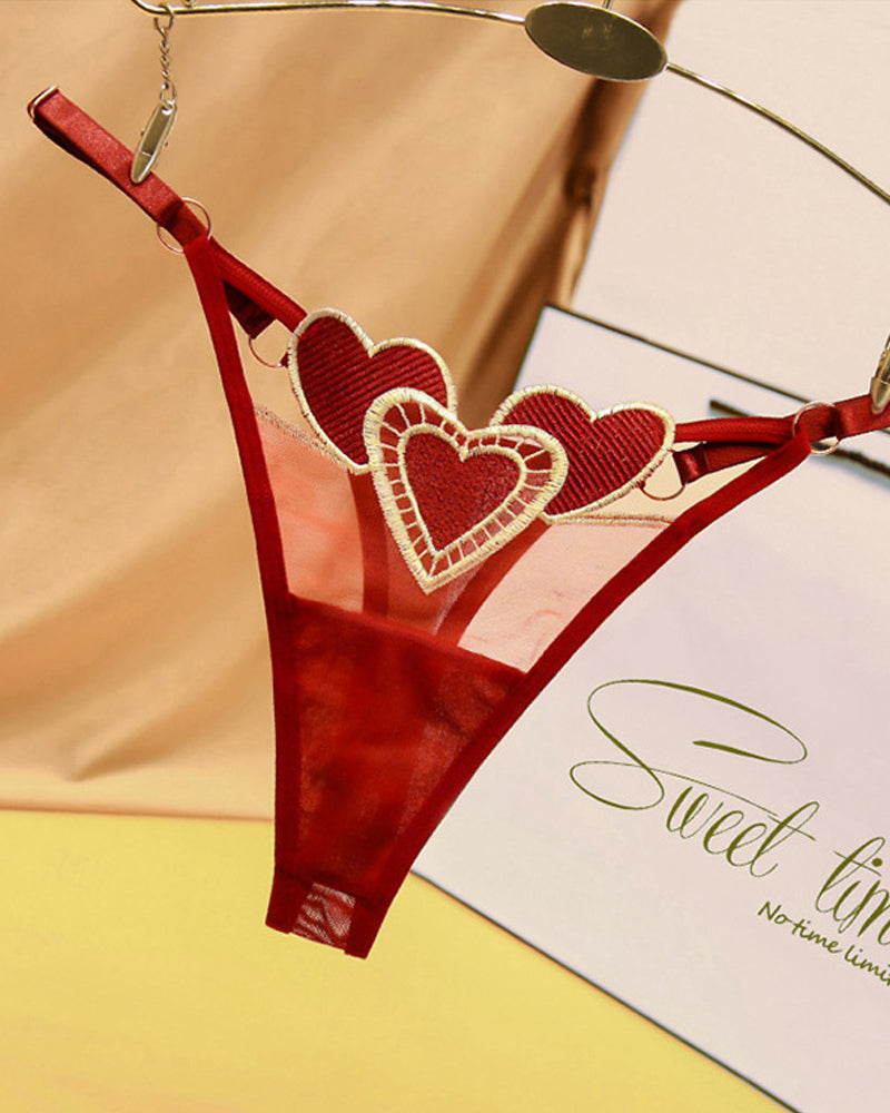 Heart Embroidered Sheer Mesh Sexy Thong