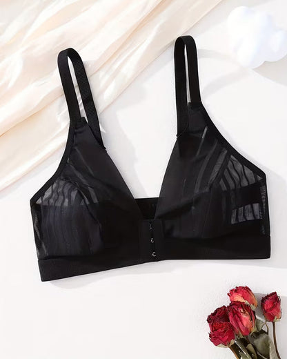 Sexy Deep V-neck Striped Mesh Paneling Front-closure Bra