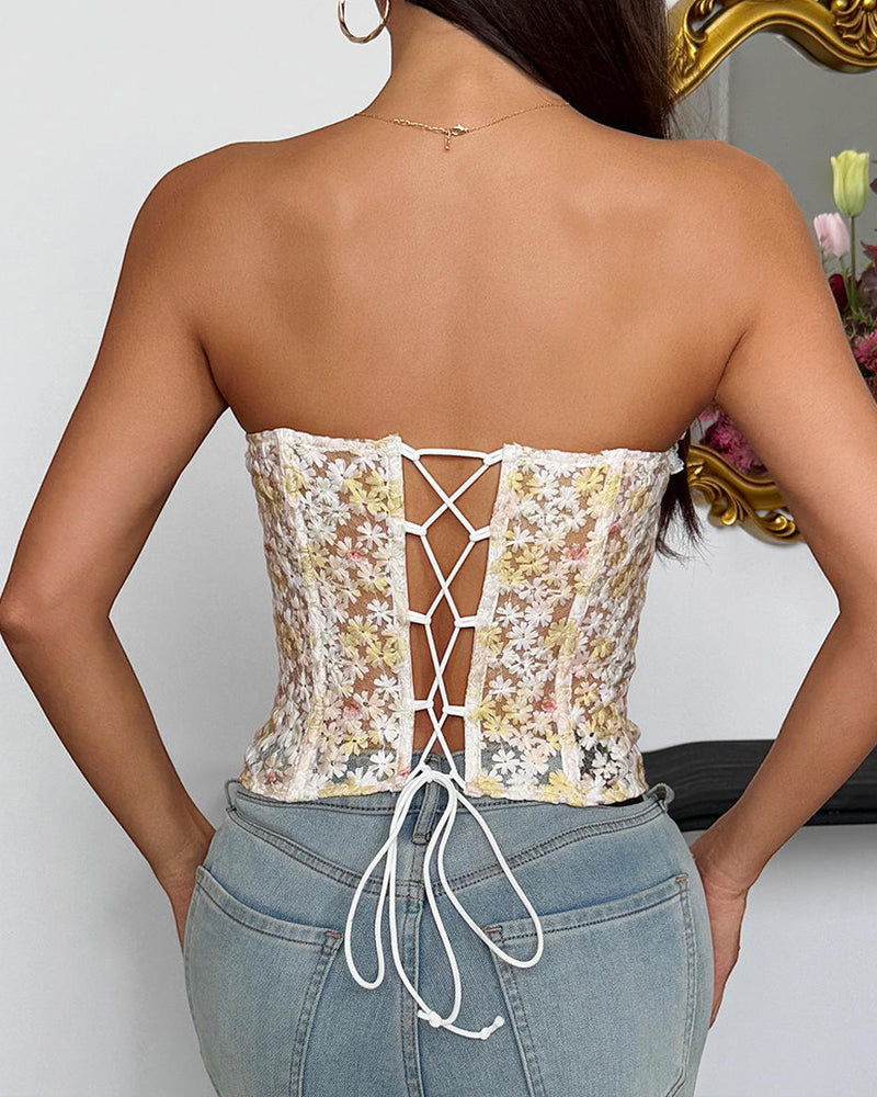 Floral Embroidered Sheer Mesh Backless Tie-up Strapless Top