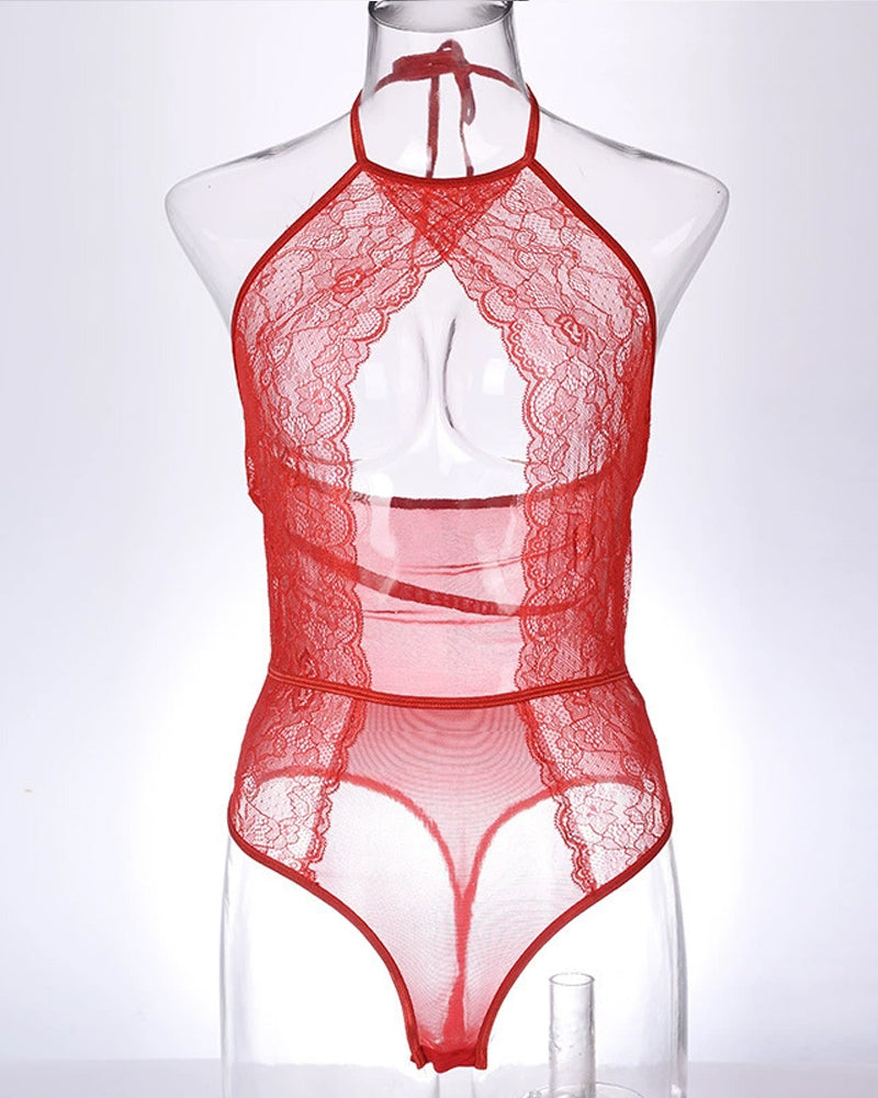 Sexy Lace Mesh Openwork Halter Bodysuit
