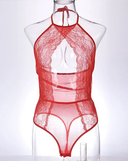 Sexy Lace Mesh Openwork Halter Bodysuit