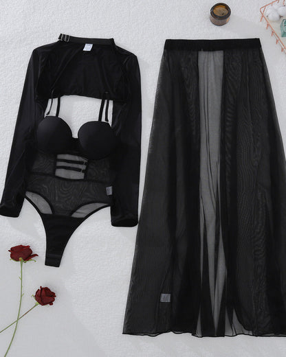 Sheer Mesh Bodysuit with Sexy Slit Skirt Three-piece Set