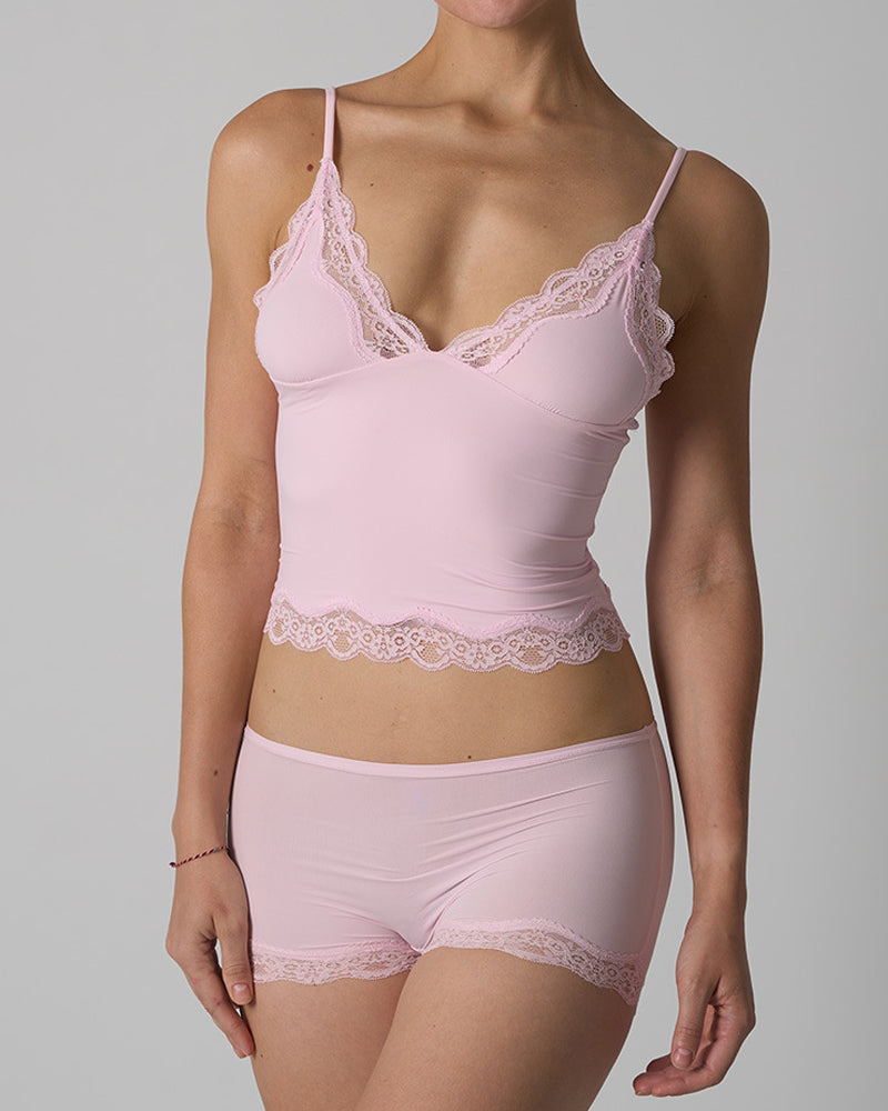 Sexy Skin-friendly Lace Trim V-neck Camisole and Boyshorts Underwear Set