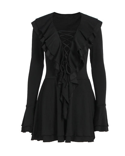 Stylish V Neck Slim-fit Tie-up Ruffle Bell Sleeve Dress