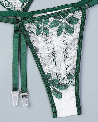 Retro Colorblock Sexy Green Leaf Lace Underwear With Stockings Set