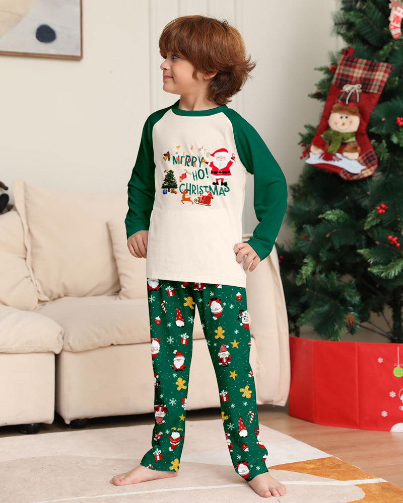 Green Santa Claus Print Crew Neck Home Wear Pajamas Family Set